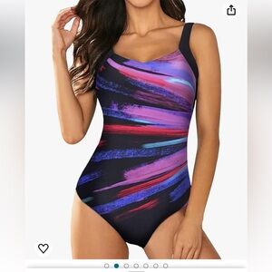 Womens One-Piece Swimsuit Tummy Control Swimwear Colorblock V Neck Size M